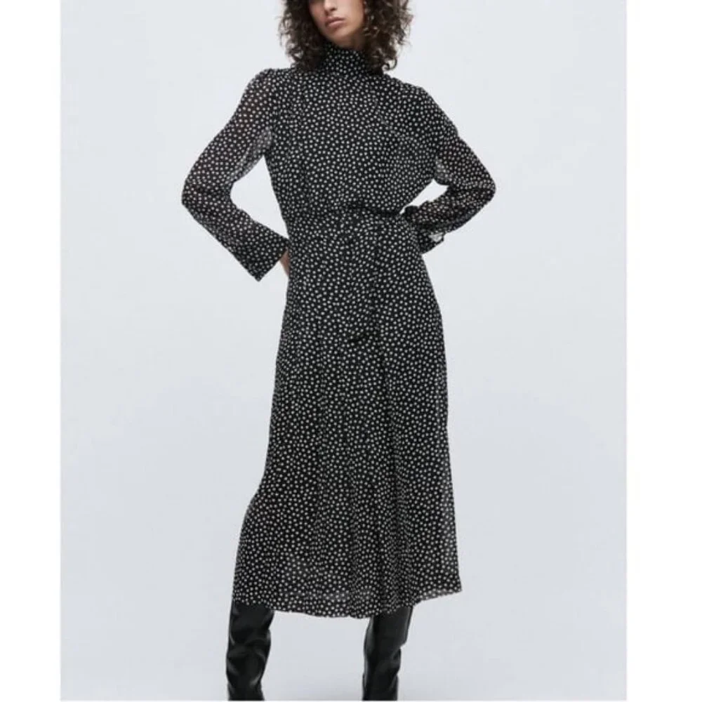 NWT ZARA High Collar Polka Dot Chiffon Long Sleeve Midi Dress Black\White XL - Picture 2 of 8